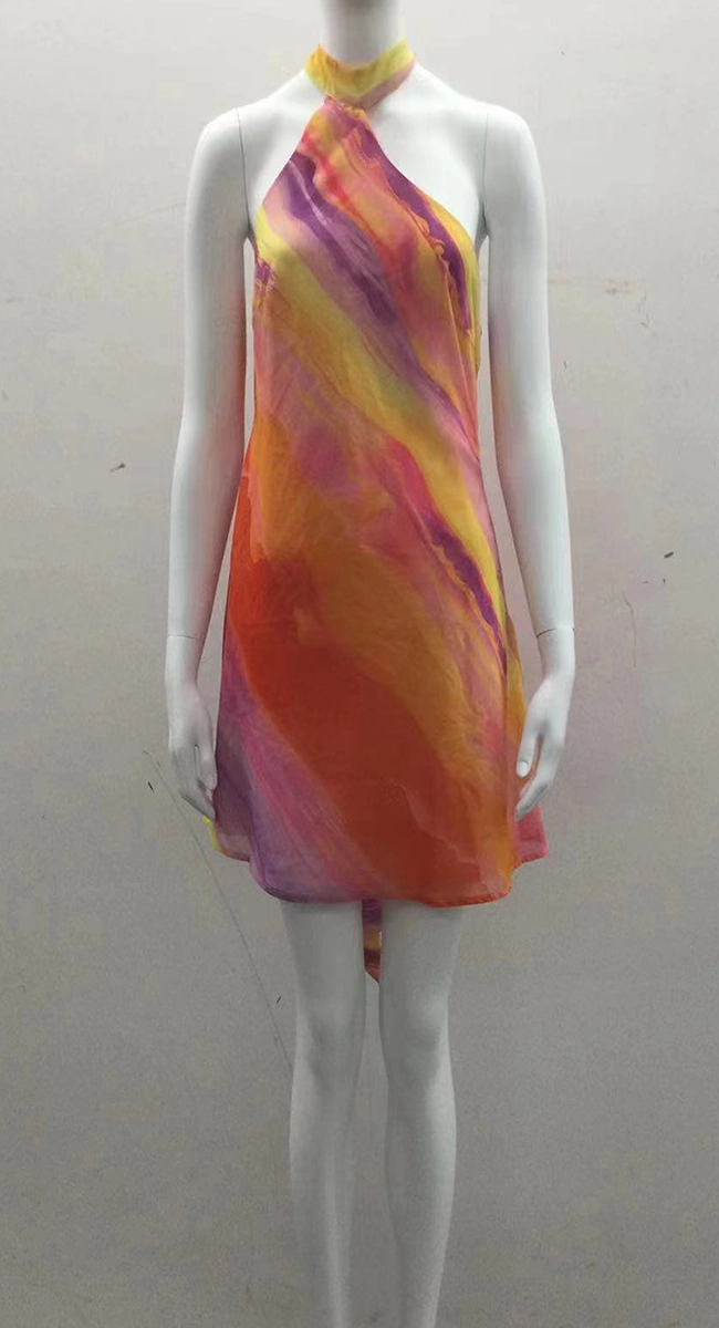 Multicolor halter-neck dress sample on a mannequin