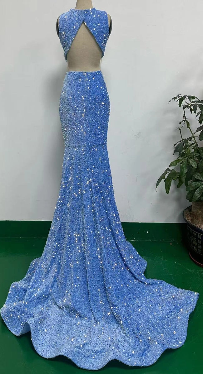 Blue embellished floor-length dress sample with a train