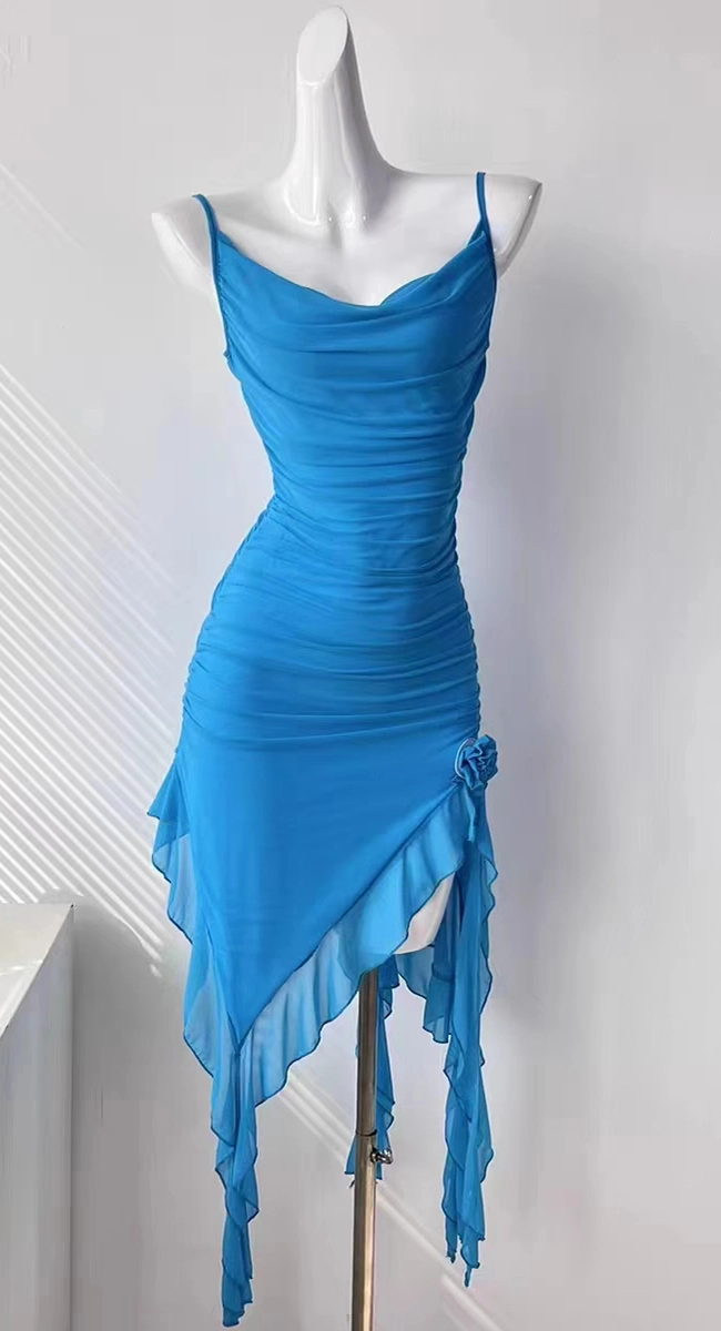 Blue ruched dress sample with thin straps and an asymmetric hem