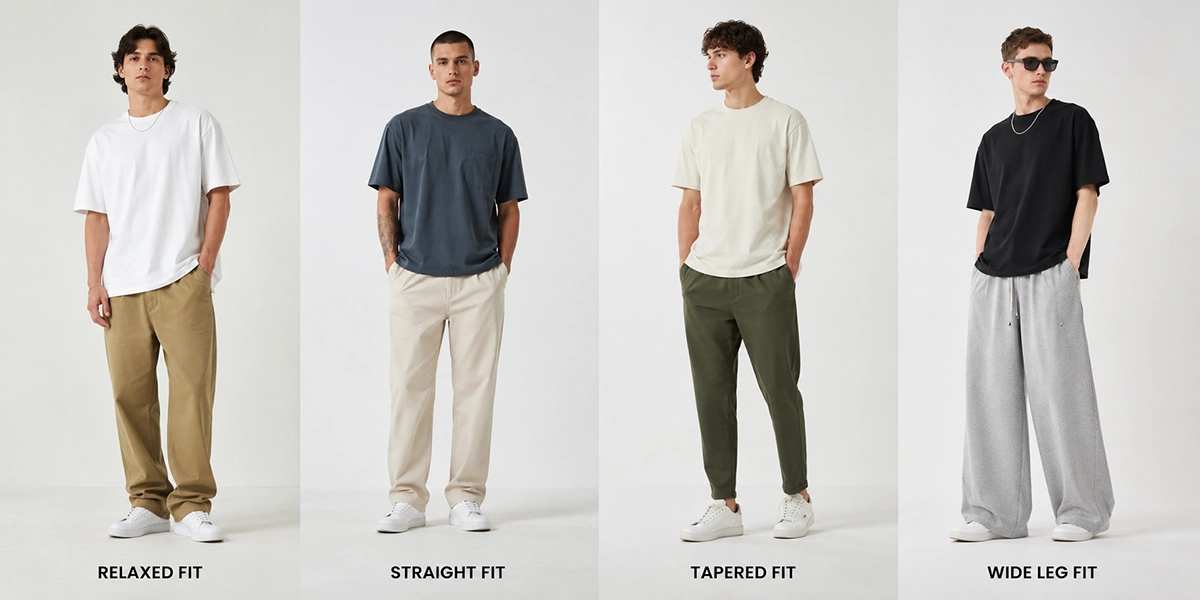 Relaxed fit, straight fit, tapered and wide leg casual pants styles