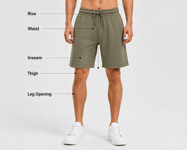 Custom shorts proportion development showing rise inseam thigh width and leg opening