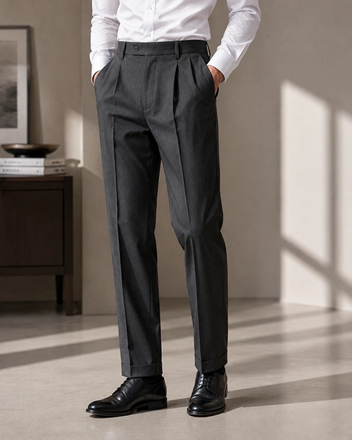 Full model wearing pleated formal pants