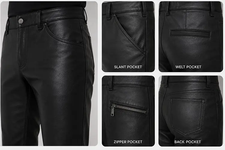 Leather pants pocket construction
