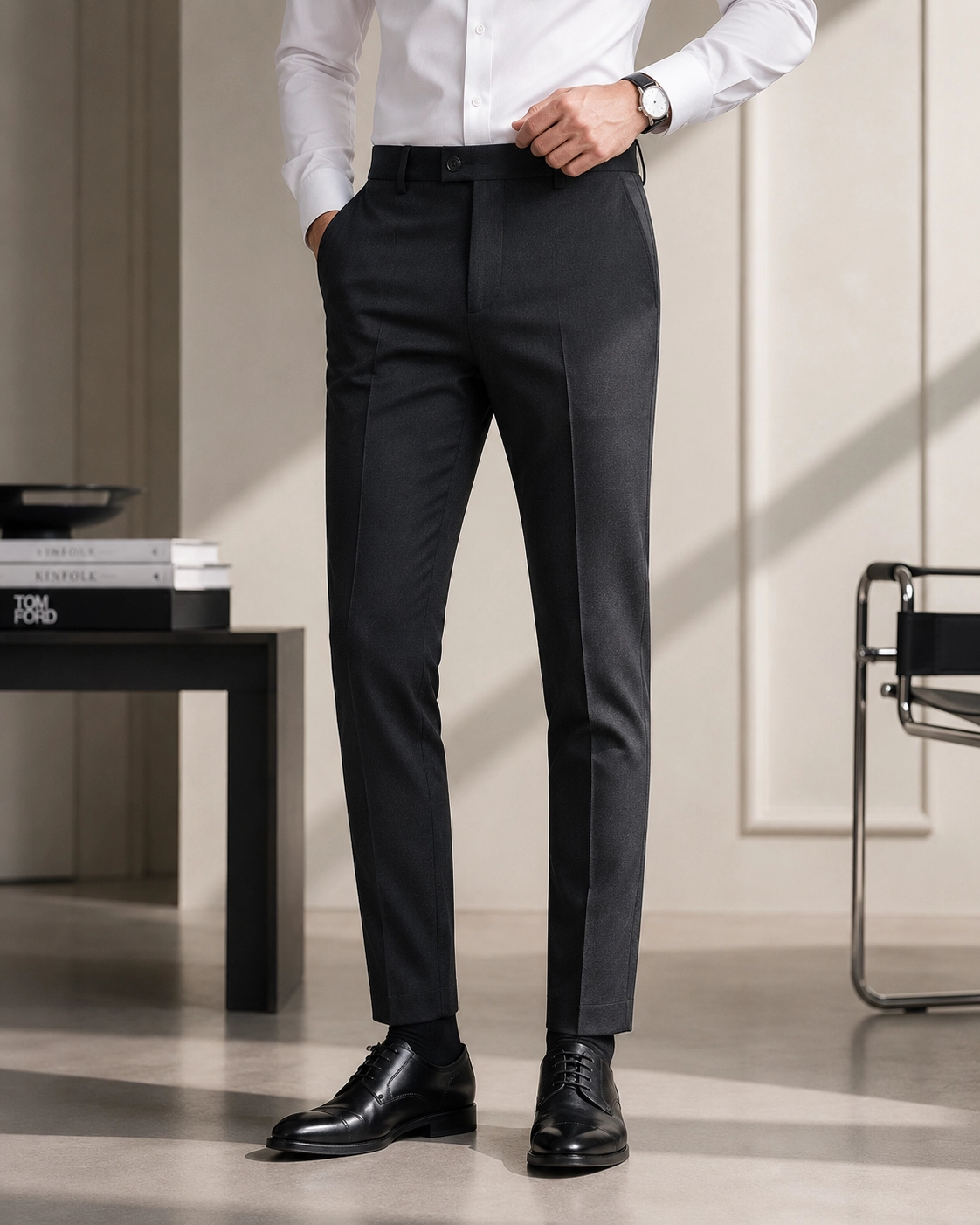 Full model wearing slim fit formal pants