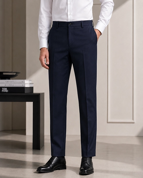 Full model wearing straight fit formal pants