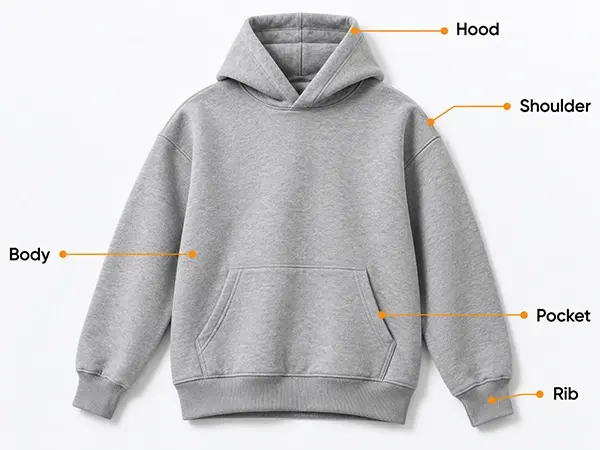 Plain hoodie silhouette, fabric, hood shape and construction details