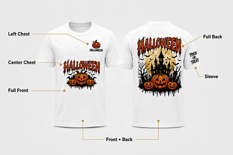 Complete front and back Halloween T-shirt graphic placement reference
