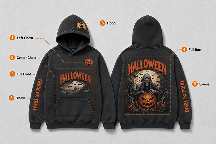 Front and back Halloween hoodie graphic placements