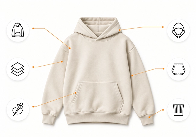 Custom hoodie fit, fabric, hood, pocket, rib and color options