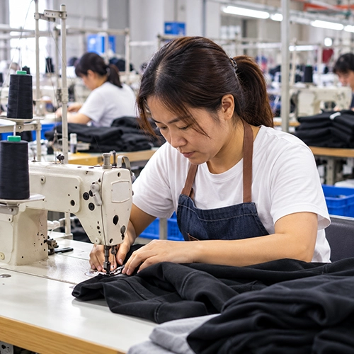 Production team working on custom apparel