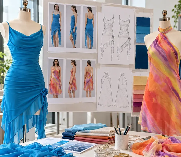 Custom dress fabric, silhouette, construction, and finishing details
