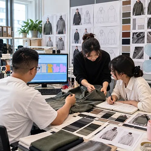 Product development team reviewing clothing designs and specifications
