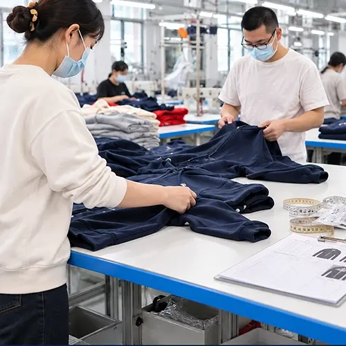 Quality inspection team reviewing garment workmanship and appearance